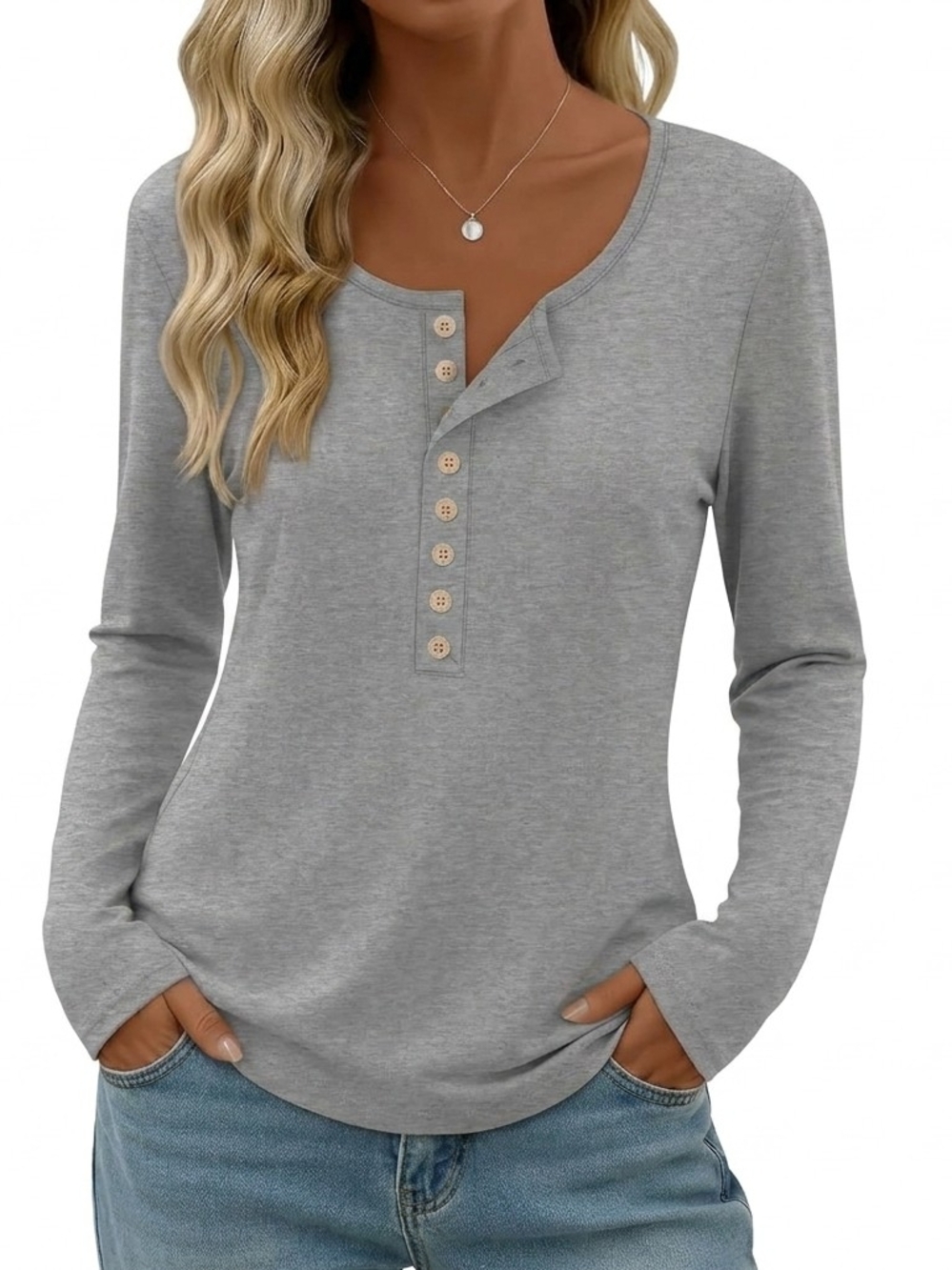 Casual Long Sleeve Henley Top Light Gray Round Neck/Functional Buttons NWT New